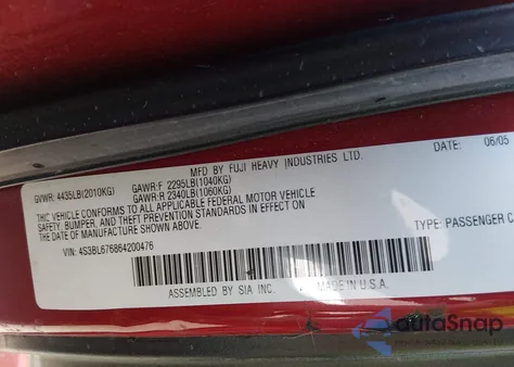 2006 Subaru Legacy 2.5Gt Limited/2.5Gt Spec.b from USA, damaged, VIN 4S3BL676864200476